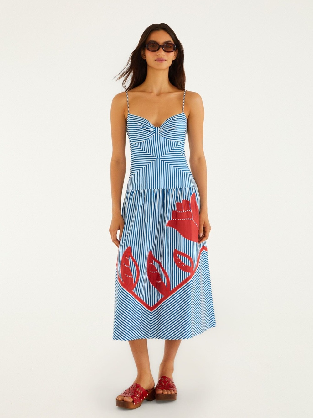 FARM Rio Blue Sky Stripes Sleeveless Midi Dress